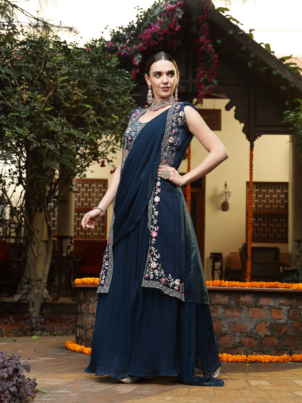 Women's Teal Printed & Embroidered Georgette Draped Lehenga Saree & Blouse with Shrug