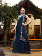 Women's Teal Printed & Embroidered Georgette Draped Lehenga Saree & Blouse with Shrug