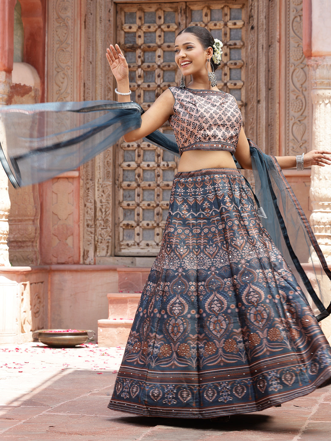 Women's Printed Silk Blend Lehenga Dupatta with Blouse