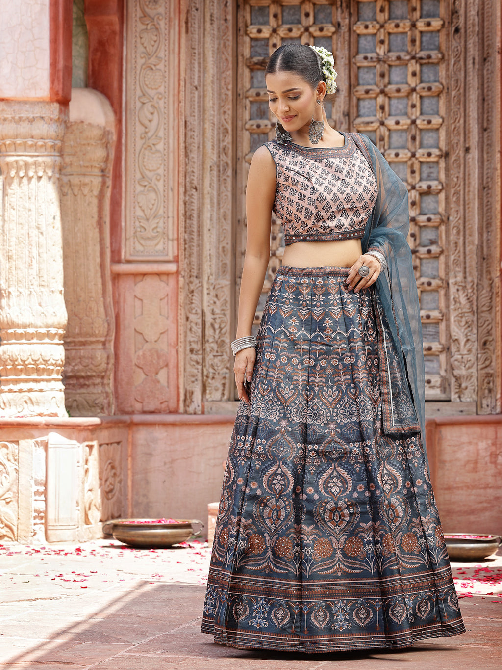 Women's Printed Silk Blend Lehenga Dupatta with Blouse
