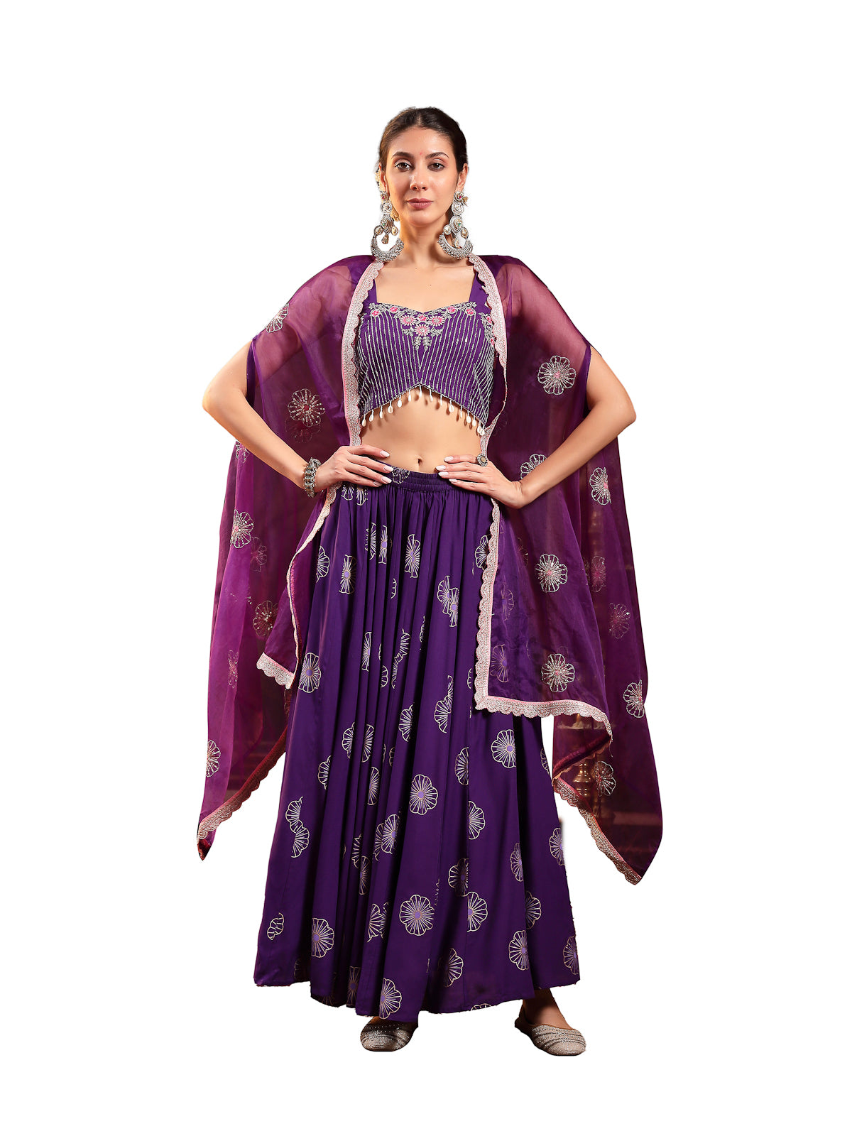 Women's Violet Embroidered Rayon Lehenga Choli With Shrug