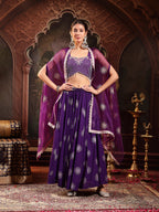 Women's Violet Embroidered Rayon Lehenga Choli With Shrug