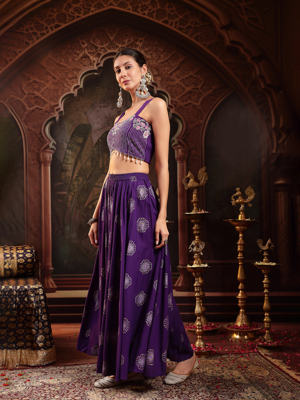 Women's Violet Embroidered Rayon Lehenga Choli With Shrug