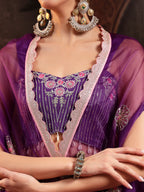 Women's Violet Embroidered Rayon Lehenga Choli With Shrug