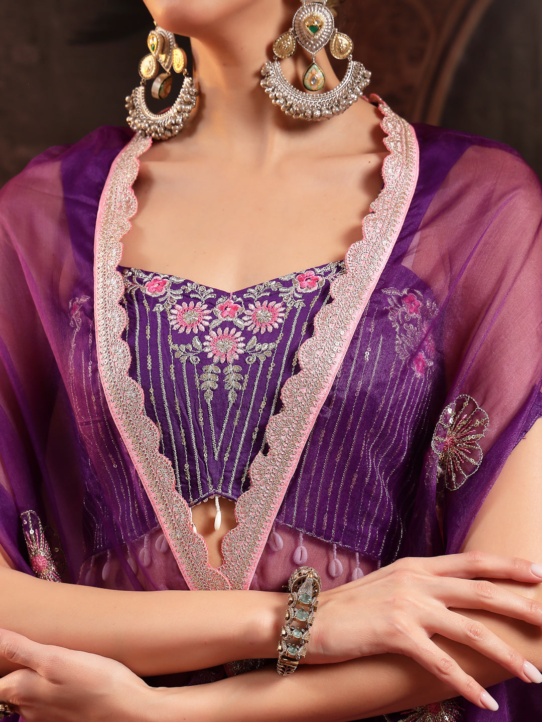 Women's Violet Embroidered Rayon Lehenga Choli With Shrug