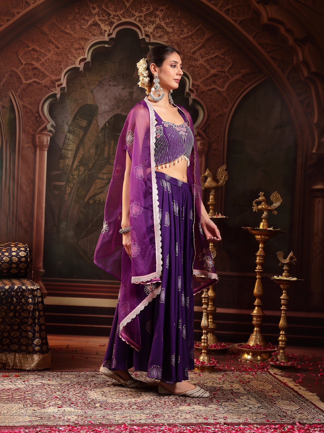 Women's Violet Embroidered Rayon Lehenga Choli With Shrug