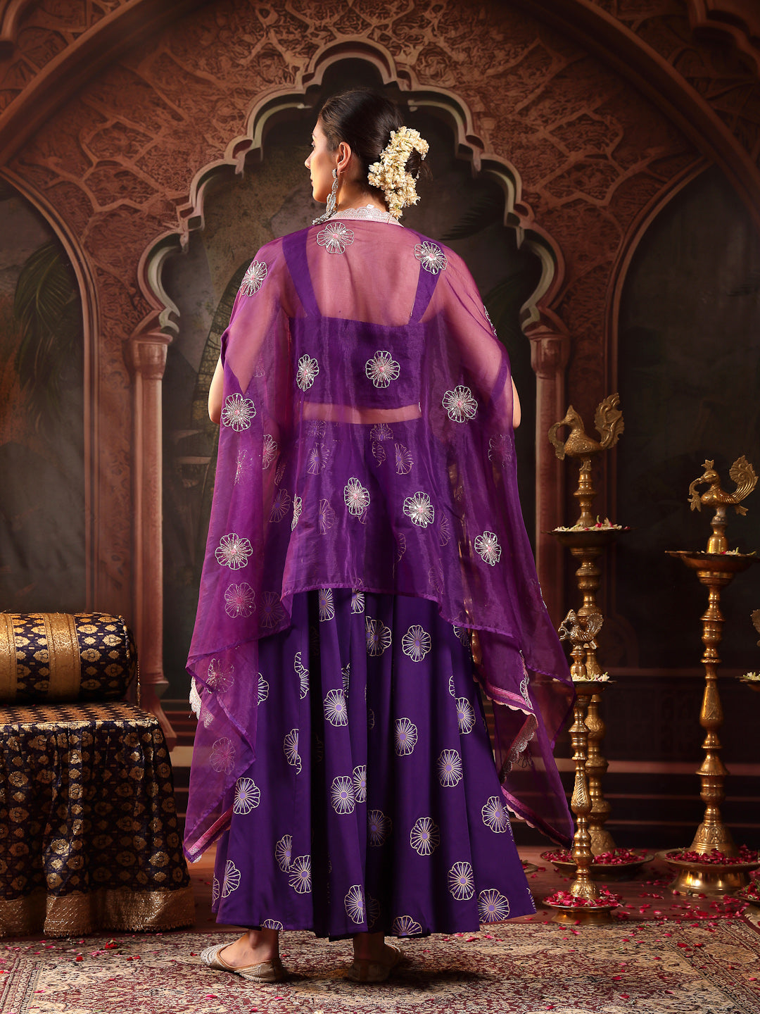 Women's Violet Embroidered Rayon Lehenga Choli With Shrug