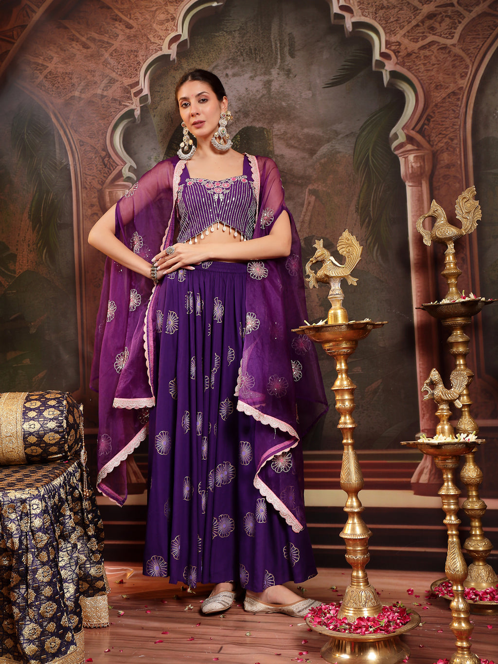 Women's Violet Embroidered Rayon Lehenga Choli With Shrug