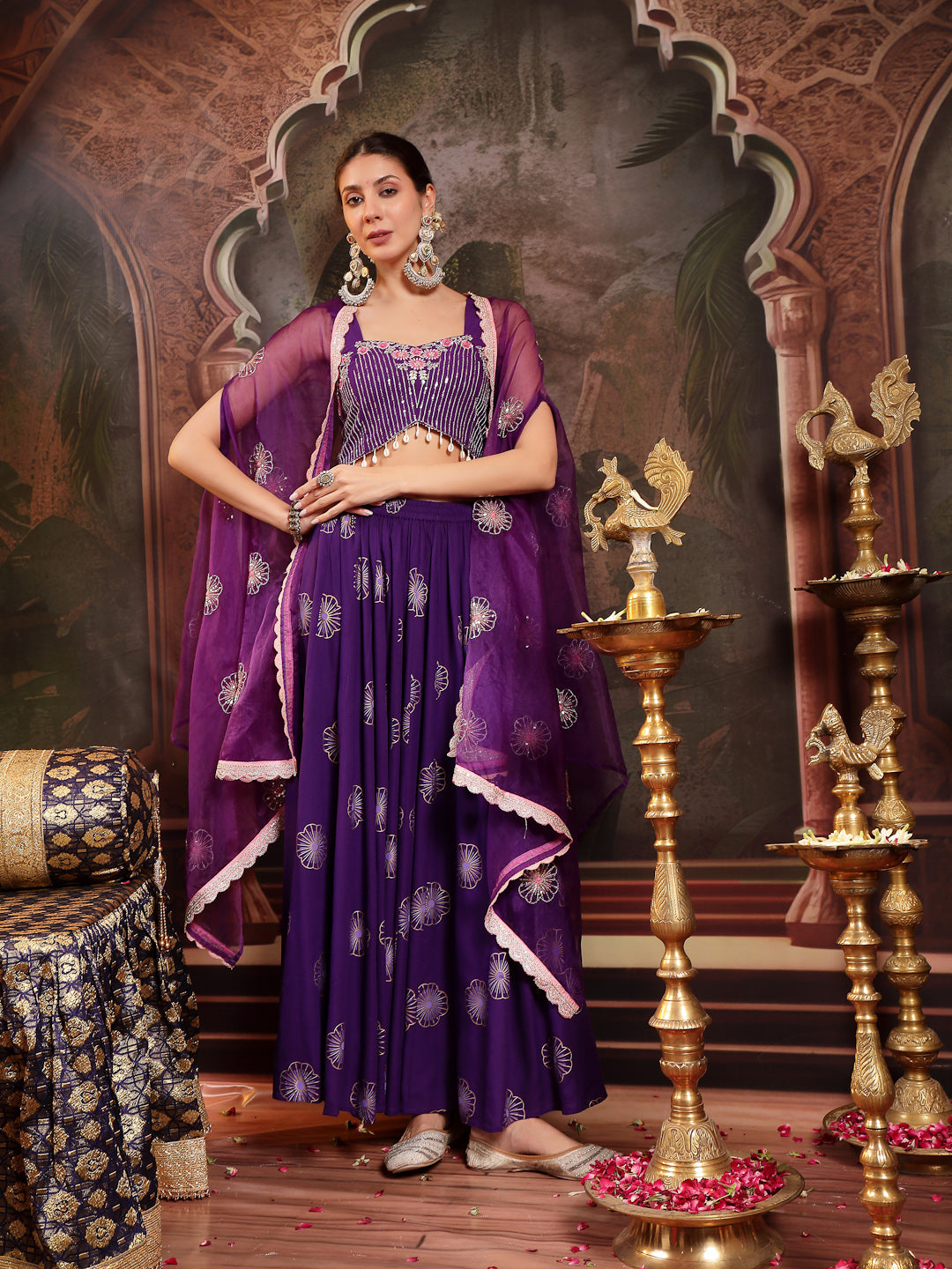 Women's Violet Embroidered Rayon Lehenga Choli With Shrug