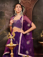 Women's Violet Embroidered Rayon Lehenga Choli With Shrug
