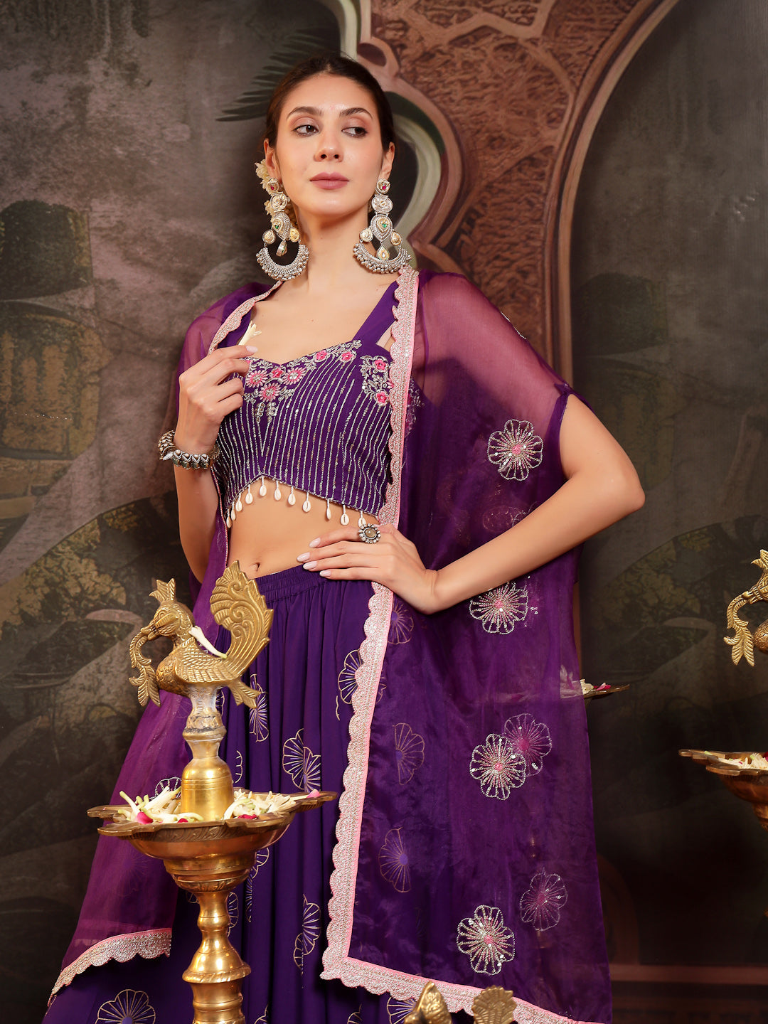 Women's Violet Embroidered Rayon Lehenga Choli With Shrug