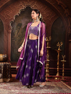 Women's Violet Embroidered Rayon Lehenga Choli With Shrug