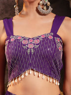 Women's Violet Embroidered Rayon Lehenga Choli With Shrug