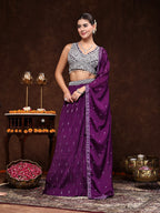 Women's Violet Embroidered Georgette Lehenga & Blouse with Dupatta