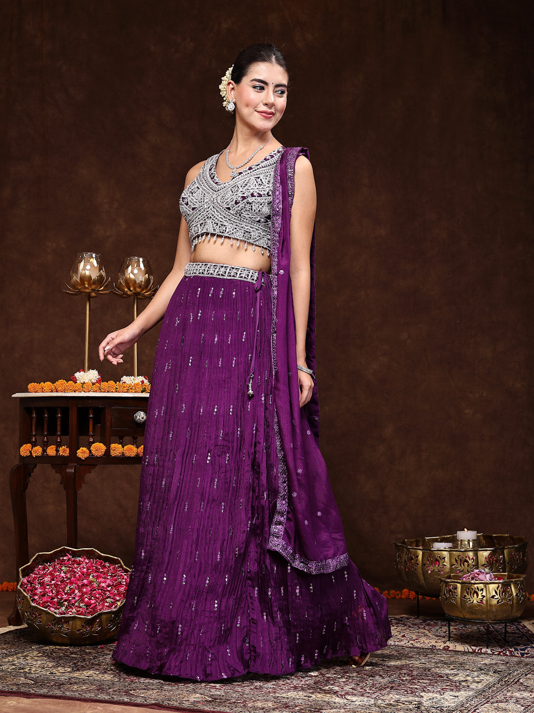 Women's Violet Embroidered Georgette Lehenga & Blouse with Dupatta