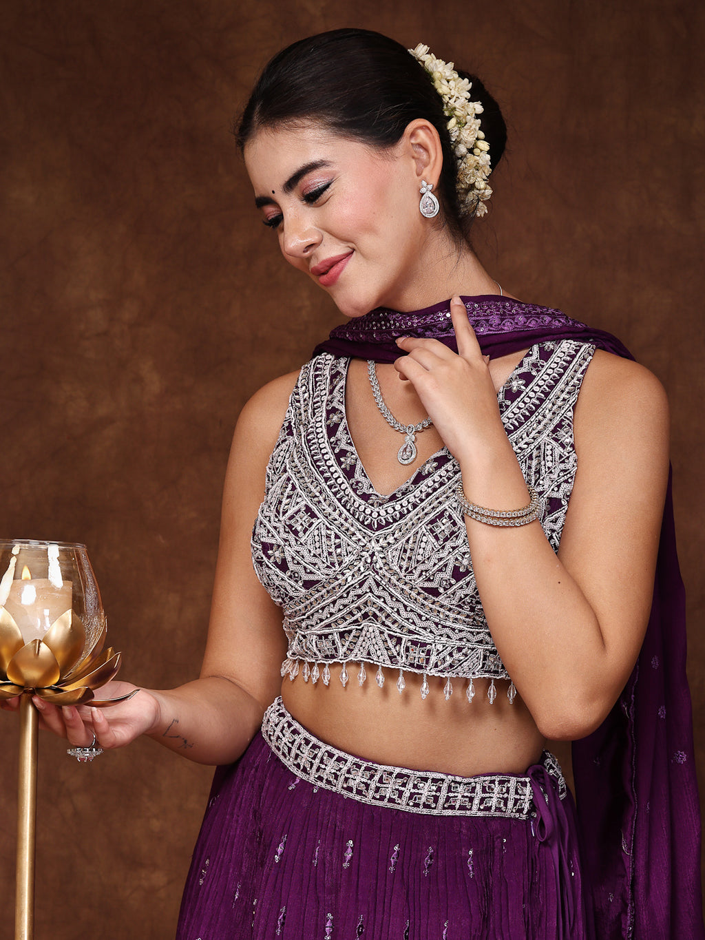 Women's Violet Embroidered Georgette Lehenga & Blouse with Dupatta