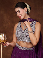 Women's Violet Embroidered Georgette Lehenga & Blouse with Dupatta