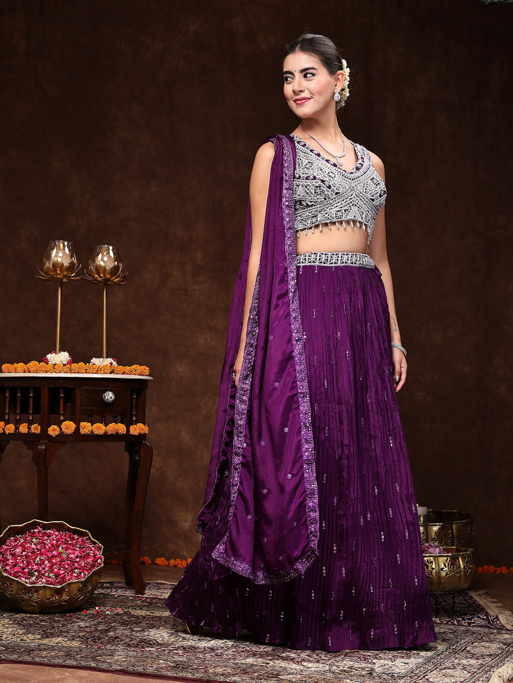 Women's Violet Embroidered Georgette Lehenga & Blouse with Dupatta