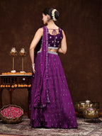 Women's Violet Embroidered Georgette Lehenga & Blouse with Dupatta