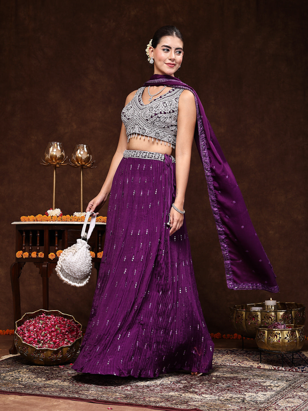 Women's Violet Embroidered Georgette Lehenga & Blouse with Dupatta