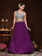 Women's Violet Embroidered Georgette Lehenga & Blouse with Dupatta