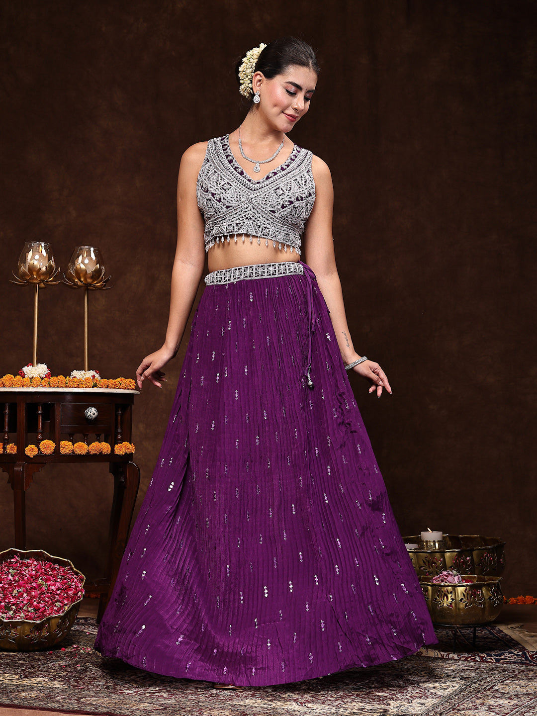 Women's Violet Embroidered Georgette Lehenga & Blouse with Dupatta