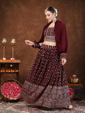 Women's Wine Ethnic Motif Printed Georgette Lehenga & Blouse