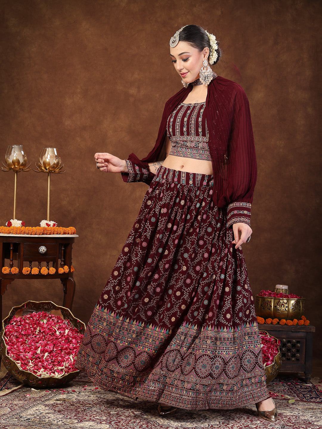 Women's Wine Ethnic Motif Printed Georgette Lehenga & Blouse