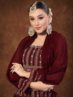 Women's Wine Ethnic Motif Printed Georgette Lehenga & Blouse