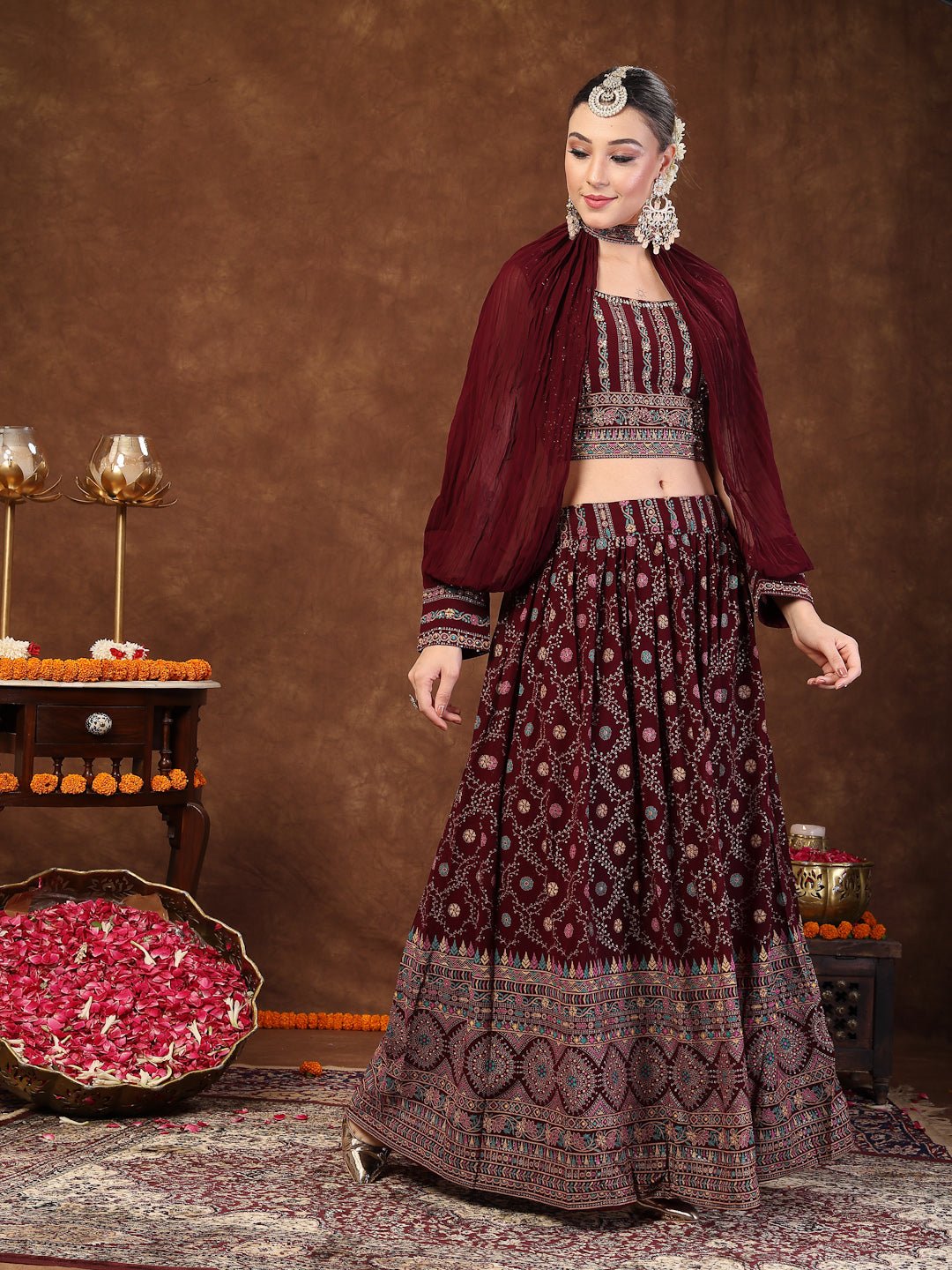 Women's Wine Ethnic Motif Printed Georgette Lehenga & Blouse