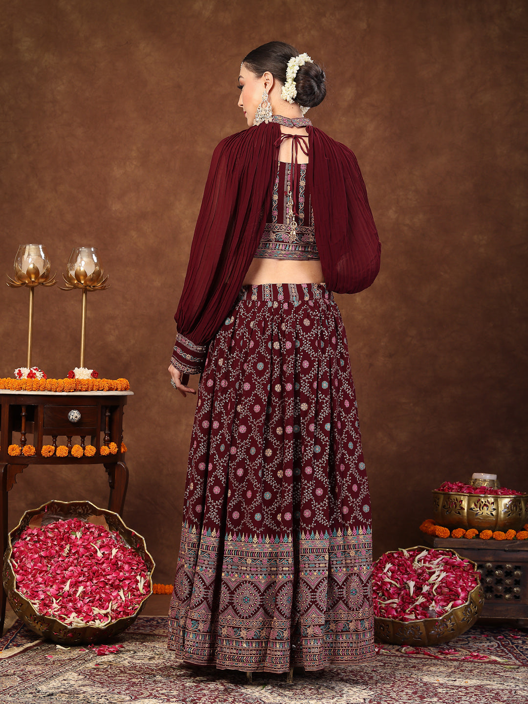 Women's Wine Ethnic Motif Printed Georgette Lehenga & Blouse