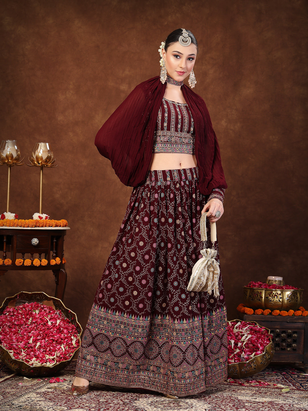 Women's Wine Ethnic Motif Printed Georgette Lehenga & Blouse