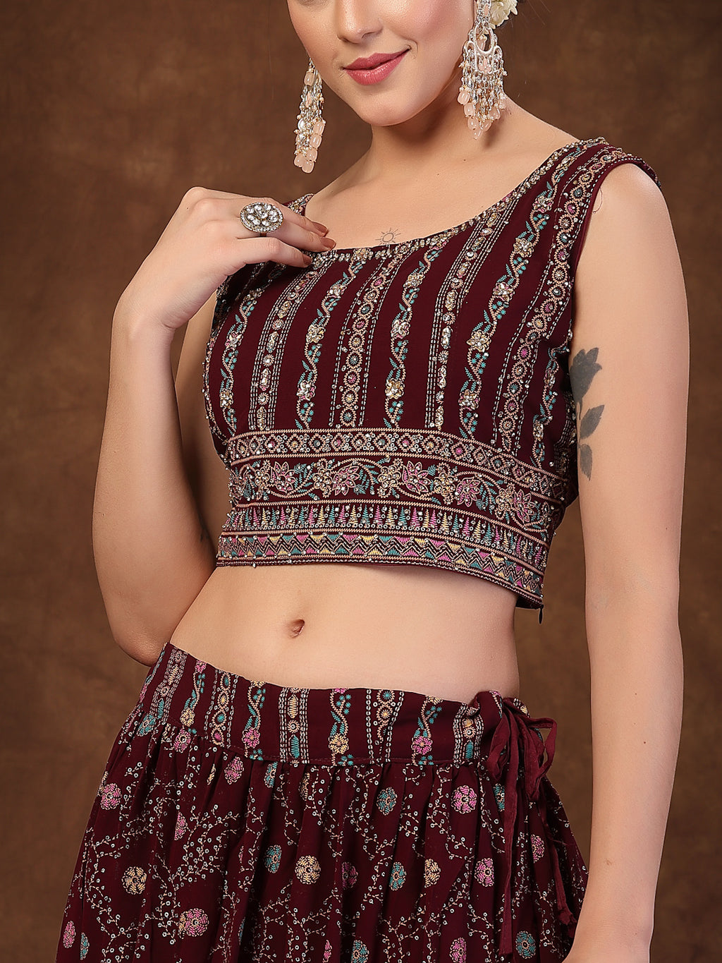 Women's Wine Ethnic Motif Printed Georgette Lehenga & Blouse
