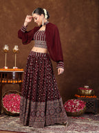 Women's Wine Ethnic Motif Printed Georgette Lehenga & Blouse