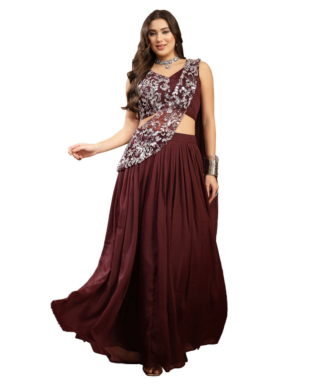 Women's Wine Solid & Embroidered Poly Georgette Lehenga Choli With Drape Dupatta