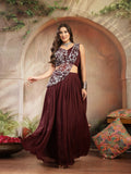 Women's Wine Solid & Embroidered Poly Georgette Lehenga Choli With Drape Dupatta