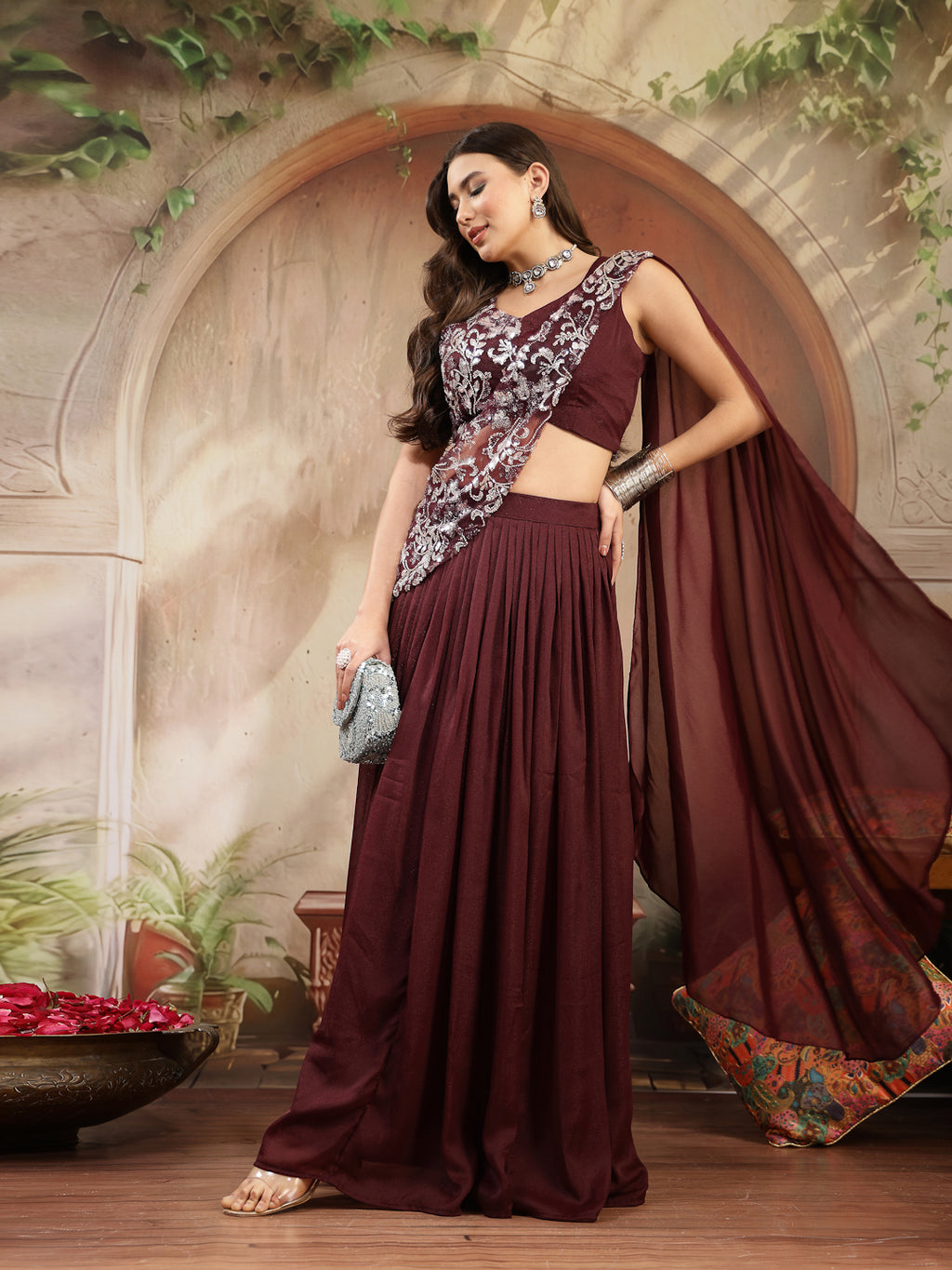 Women's Wine Solid & Embroidered Poly Georgette Lehenga Choli With Drape Dupatta