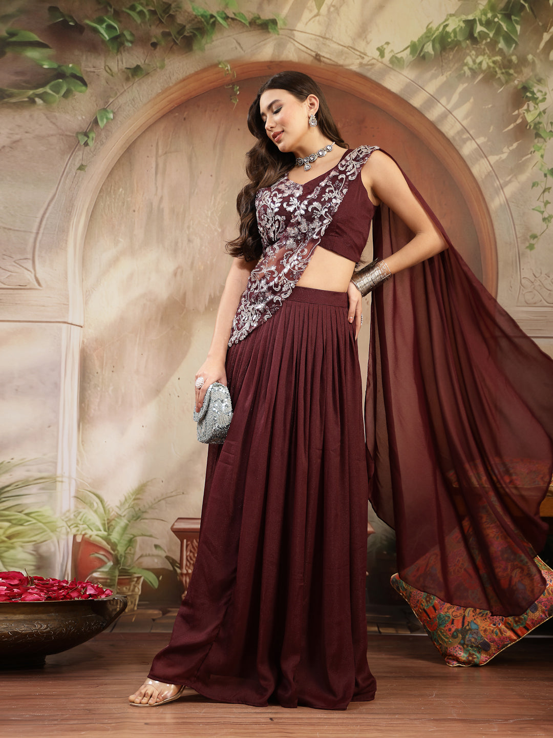 Women's Wine Solid & Embroidered Poly Georgette Lehenga Choli With Drape Dupatta