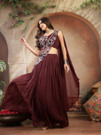 Women's Wine Solid & Embroidered Poly Georgette Lehenga Choli With Drape Dupatta