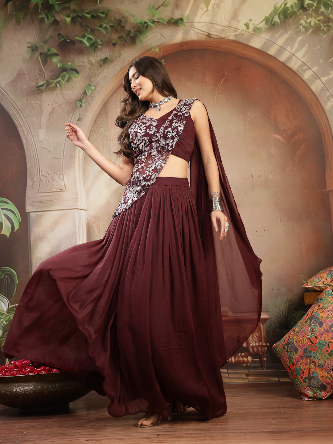 Women's Wine Solid & Embroidered Poly Georgette Lehenga Choli With Drape Dupatta