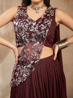 Women's Wine Solid & Embroidered Poly Georgette Lehenga Choli With Drape Dupatta