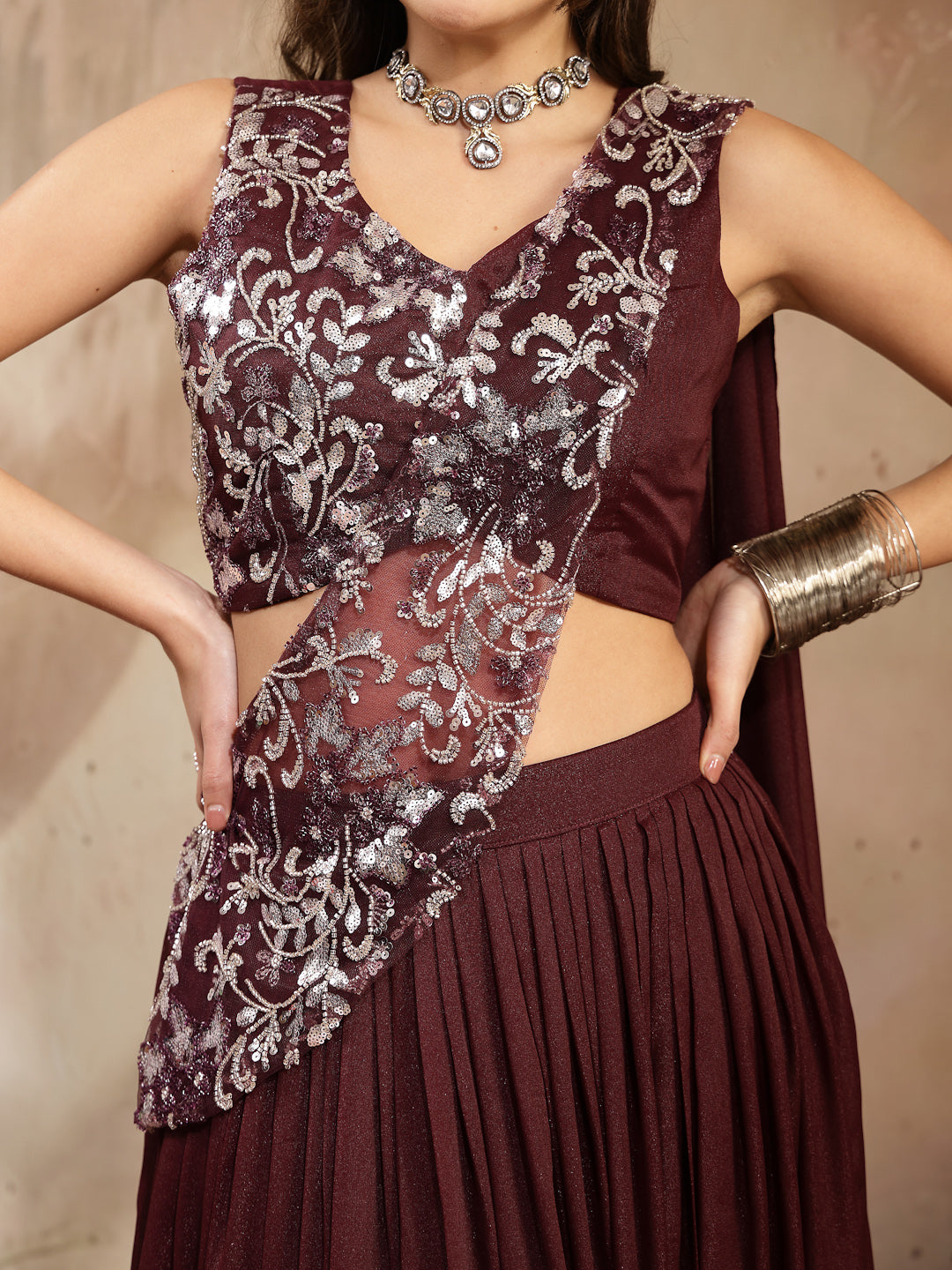 Women's Wine Solid & Embroidered Poly Georgette Lehenga Choli With Drape Dupatta