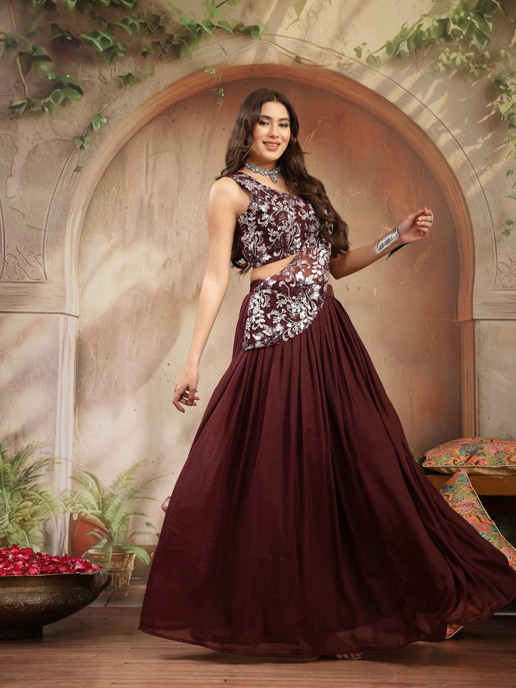 Women's Wine Solid & Embroidered Poly Georgette Lehenga Choli With Drape Dupatta