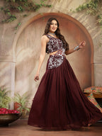 Women's Wine Solid & Embroidered Poly Georgette Lehenga Choli With Drape Dupatta