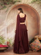 Women's Wine Solid & Embroidered Poly Georgette Lehenga Choli With Drape Dupatta