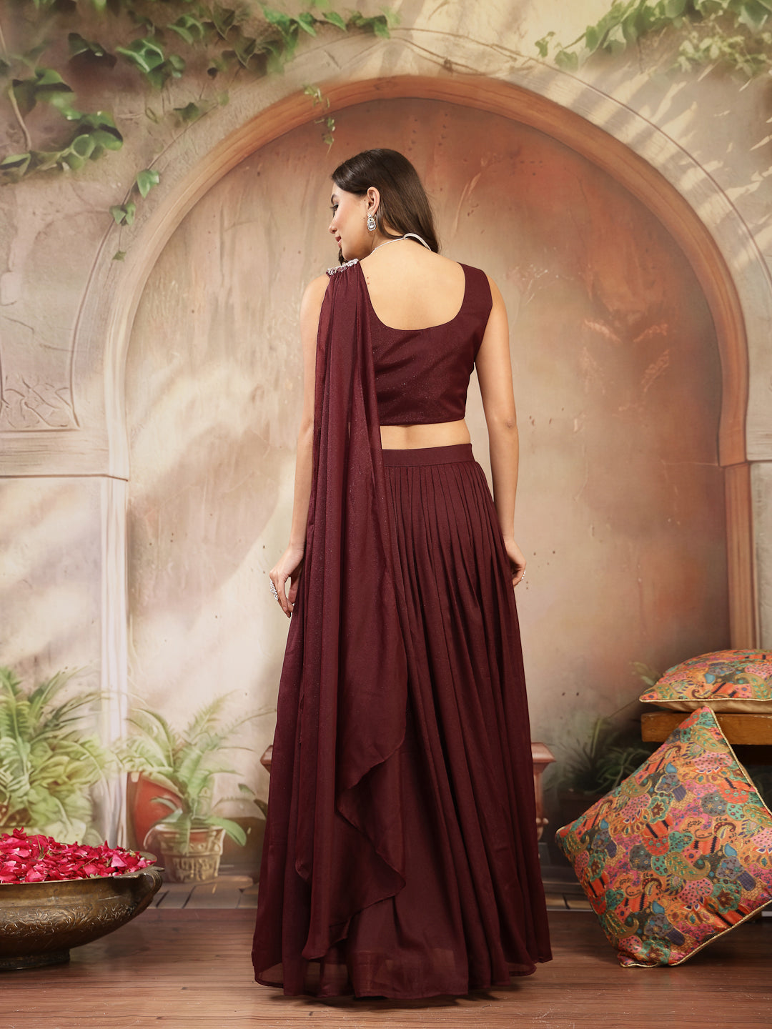 Women's Wine Solid & Embroidered Poly Georgette Lehenga Choli With Drape Dupatta