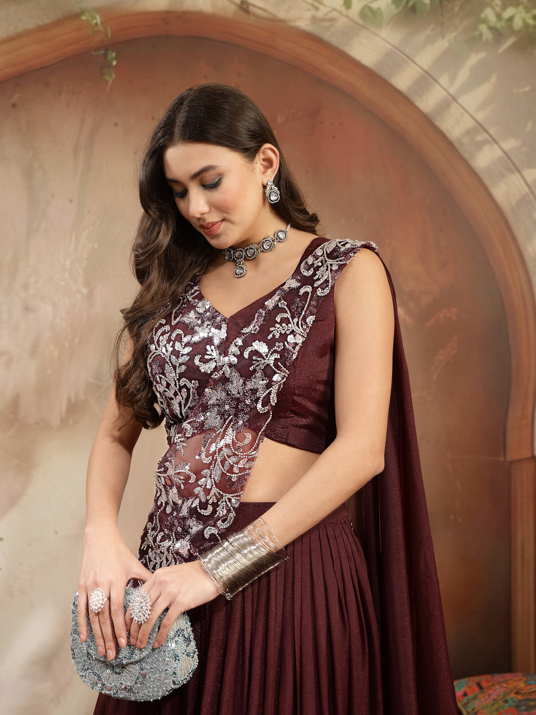 Women's Wine Solid & Embroidered Poly Georgette Lehenga Choli With Drape Dupatta