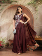 Women's Wine Solid & Embroidered Poly Georgette Lehenga Choli With Drape Dupatta