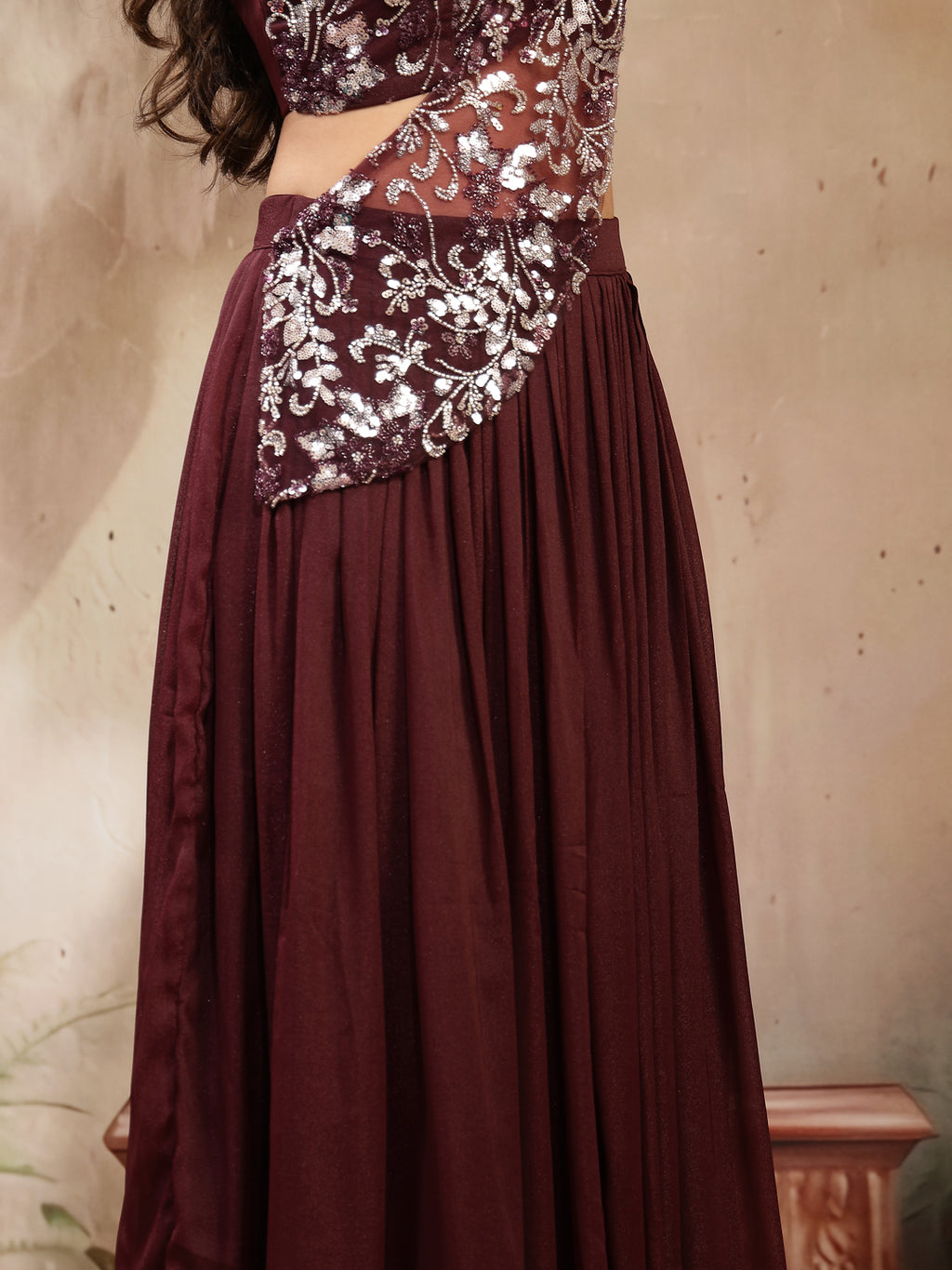 Women's Wine Solid & Embroidered Poly Georgette Lehenga Choli With Drape Dupatta