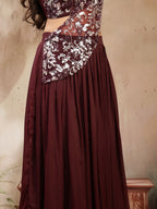 Women's Wine Solid & Embroidered Poly Georgette Lehenga Choli With Drape Dupatta